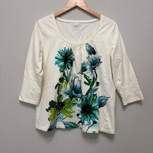 Talbots 3/4 Sleeve Pleated Scoop Neck Floral Tee - X